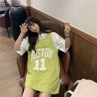 蓝球服女宽松bf风韩版夏春2021新款中长款短袖t恤ins潮外穿上衣