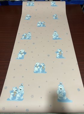 美式复古壁纸粉色底蓝色小熊卡通图案儿童房大面积满铺纯纸壁纸