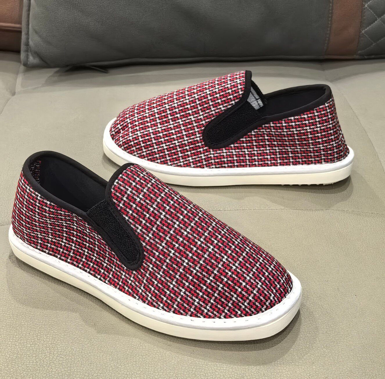 手工布鞋格纹松紧浅口一脚蹬防滑吸汗透气轻便男女休闲软底单鞋