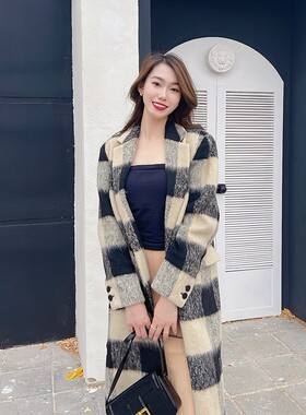 衣彩炫酷高品质抓绒羊毛格子大衣