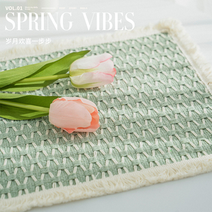 抹茶绿编织餐垫流苏款防烫隔热垫茶杯垫布艺环保可机洗幼儿园儿童