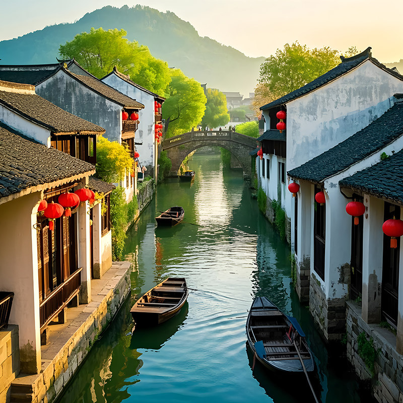 江南水乡风景西塘古镇夜景3d壁画旅游主播民宿包厢直播间背景墙布