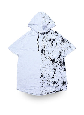 孤品L码！轻微染色 美式街头美潮BKC休闲拼色泼墨印花连帽短袖