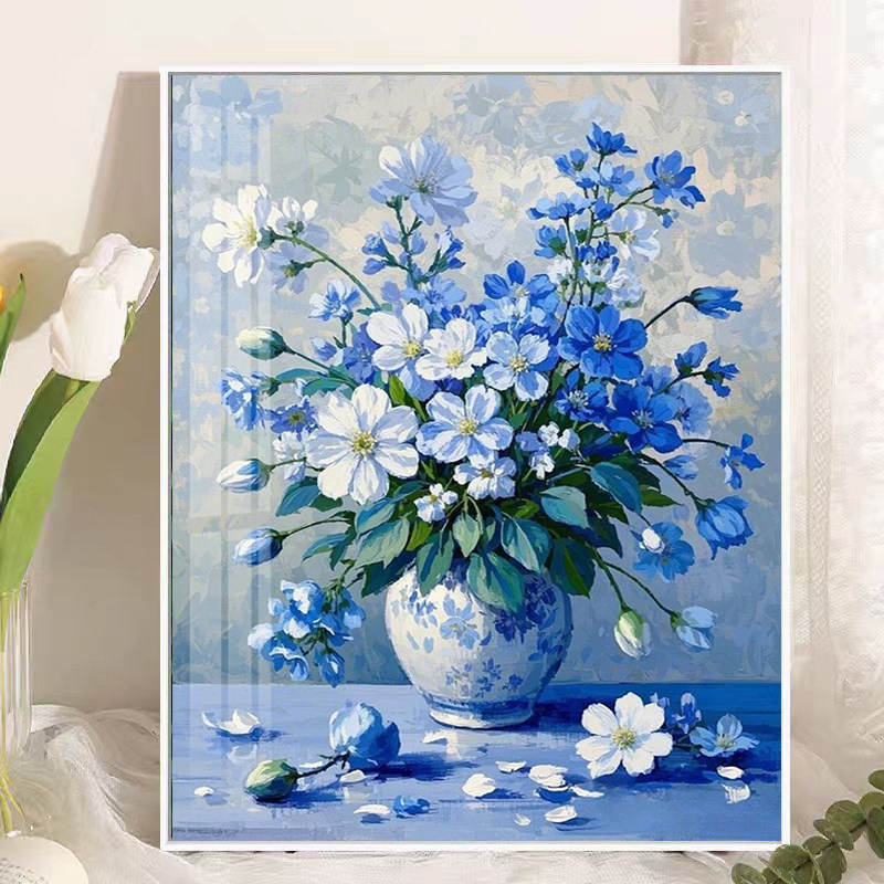 蓝调花卉钻石画2026新款客厅东方美学手工贴钻画5d十字绣满钻带框