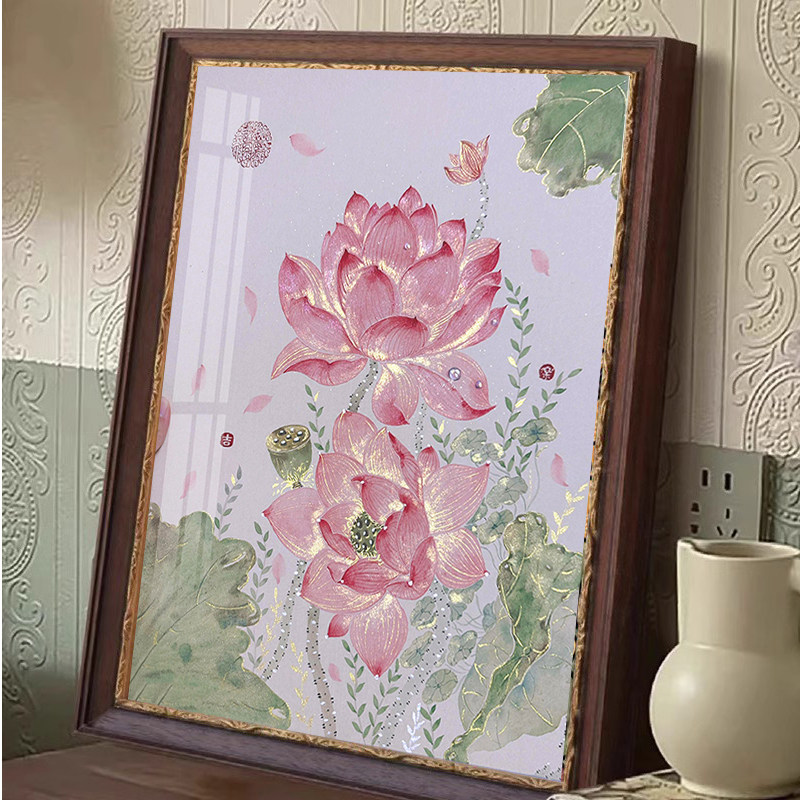 国画荷花钻石画2025新款客厅高级感艺术花卉手工贴钻画十字绣带框