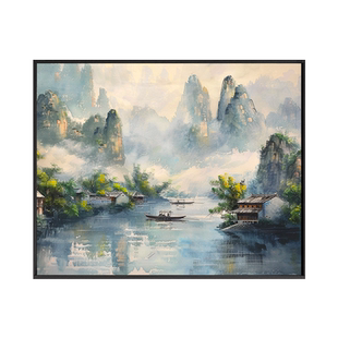 中式山水风景数字油画diy手绘画画填色高级感丙烯油彩涂色填充画