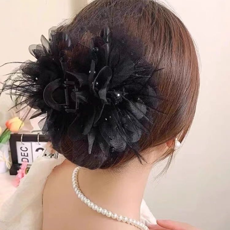 牡丹花羽毛花新款抓夹高颜值轻奢时尚鲨鱼夹抓夹洋气发夹上档次