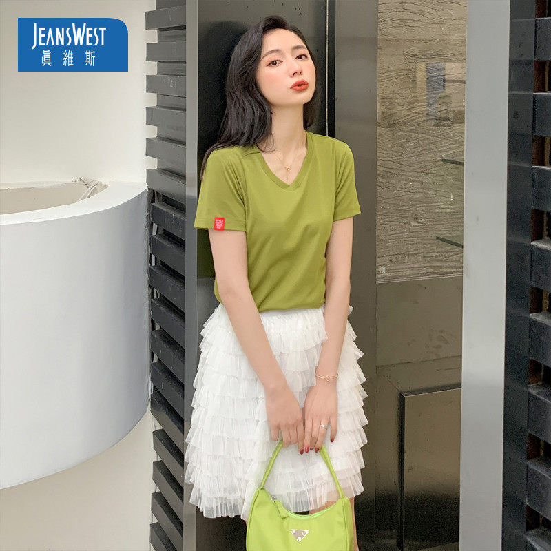 真维斯V领短袖T恤女装2020夏季新品宽松显瘦简约休闲纯色打底衫