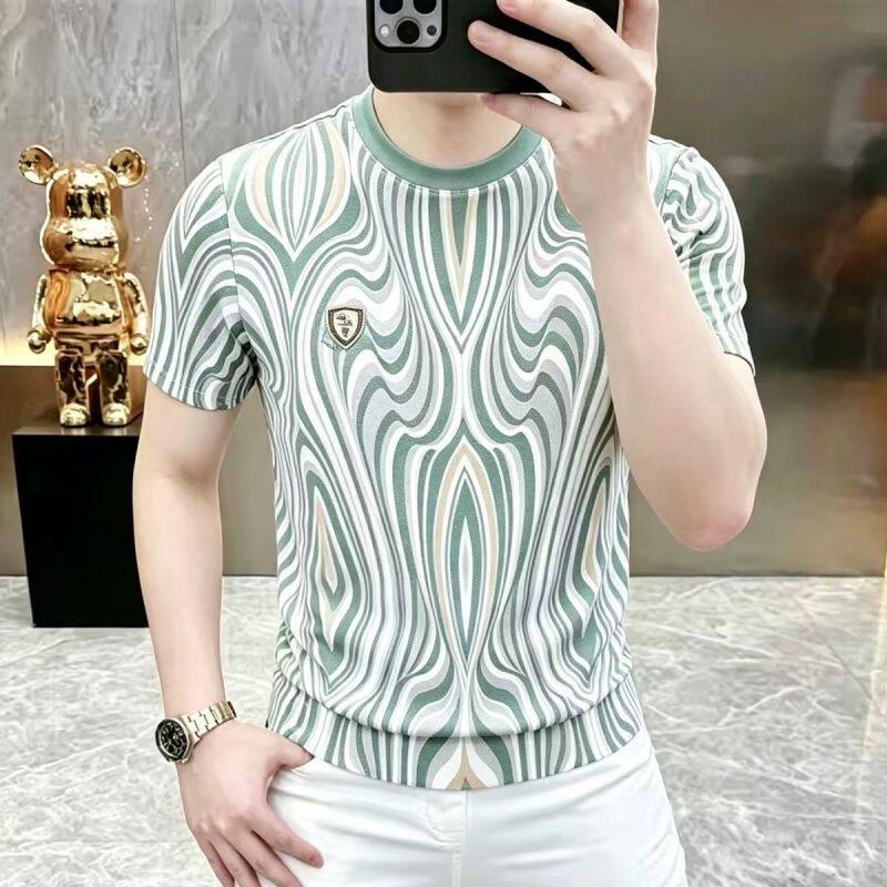 欧洲站轻奢风圆领短袖T恤男夏季冰丝凉感透气百搭体恤青春流行T恤