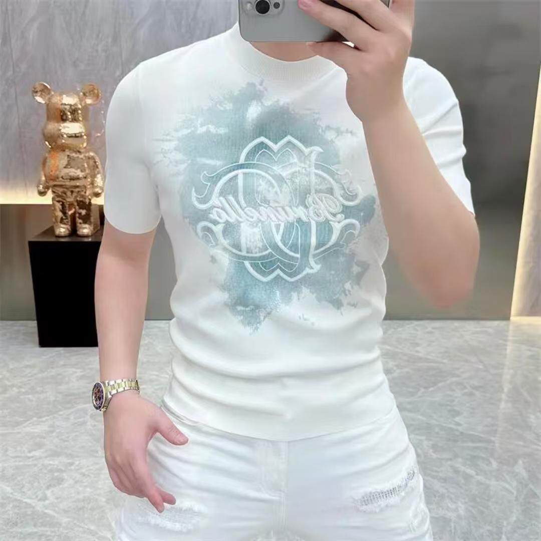 欧洲站2026夏季新款男潮流时尚圆领针织修身轻奢短袖T恤中国风夏