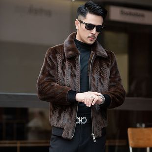 貂皮大衣冬季新款男士皮草短款翻领夹克一体外套海宁皮毛