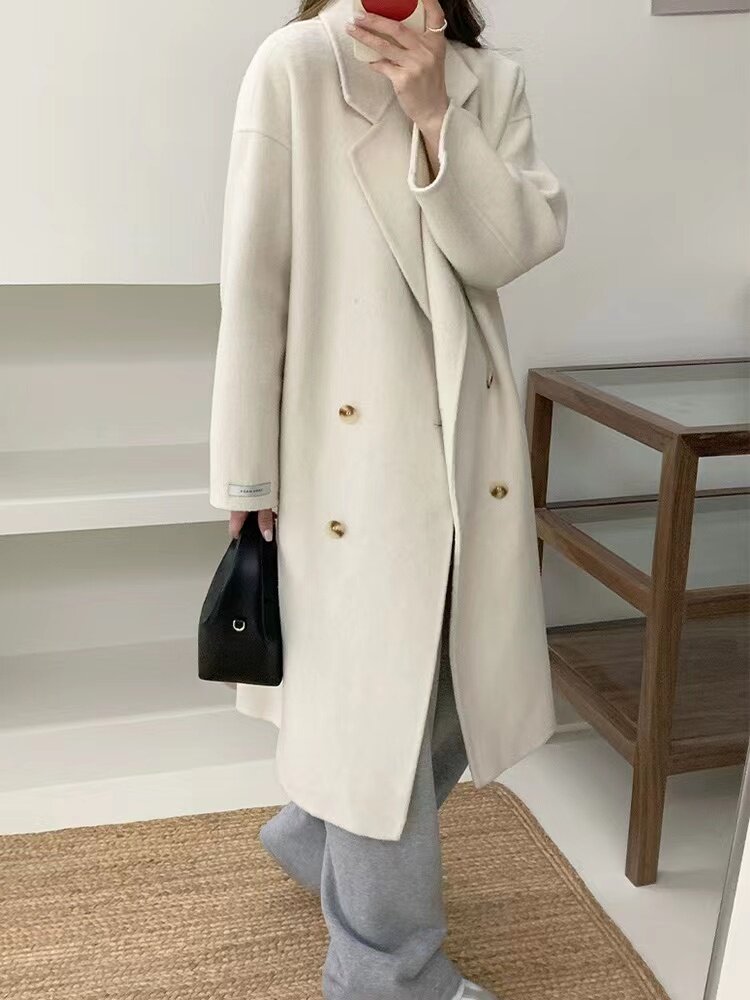 女装新款双面羊毛羊绒大衣女中长款秋冬毛外套双排扣长袖西装领