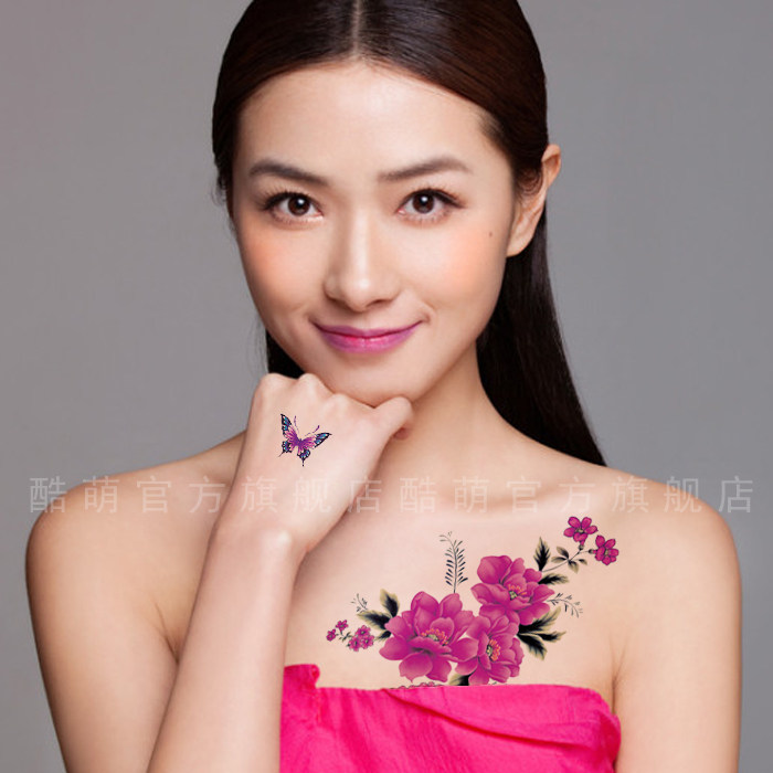 纹身贴防水女持久性感创意刺青紫色牡丹花影楼写真大图遮疤痕图腾