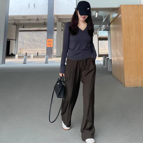 特价清仓~巨舒服！纯色t恤女春秋高弹v领显瘦打底长袖上衣