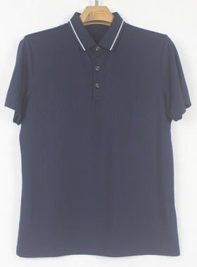 25新款夏款真丝桑蚕丝男士翻领不易皱深蓝色商务休闲短袖T恤06121