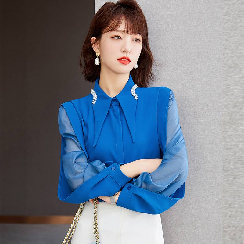哥弟阿玛施专柜女装2022春夏季新款尖领灯笼袖钉珠雪纺衬衫120209