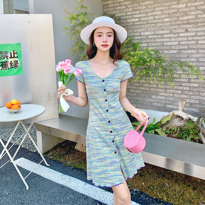 哥弟阿玛施2023专柜夏季时尚法式洋气修身包臀彩色条纹针织连衣裙