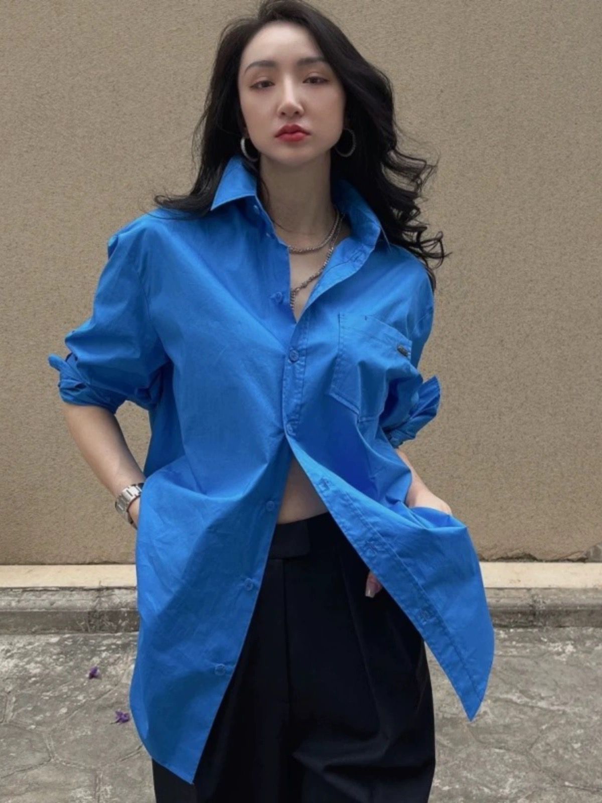 专柜女装阿玛施拉斯2024春秋时尚韩版休闲简约中长宽松宝蓝色衬衫