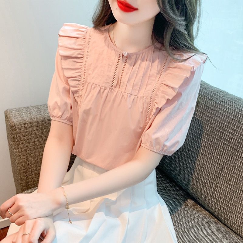 专柜女装阿玛施拉斯2024夏季时尚百搭小清新荷叶边小飞袖花边衬衫