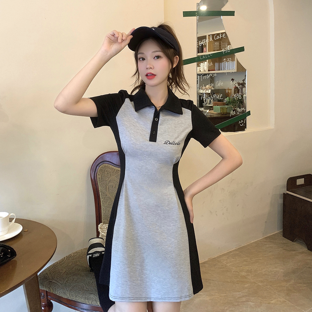 专柜女装衣依阿玛施2023夏季时尚洋气百搭拼色翻领修身刺绣连衣裙