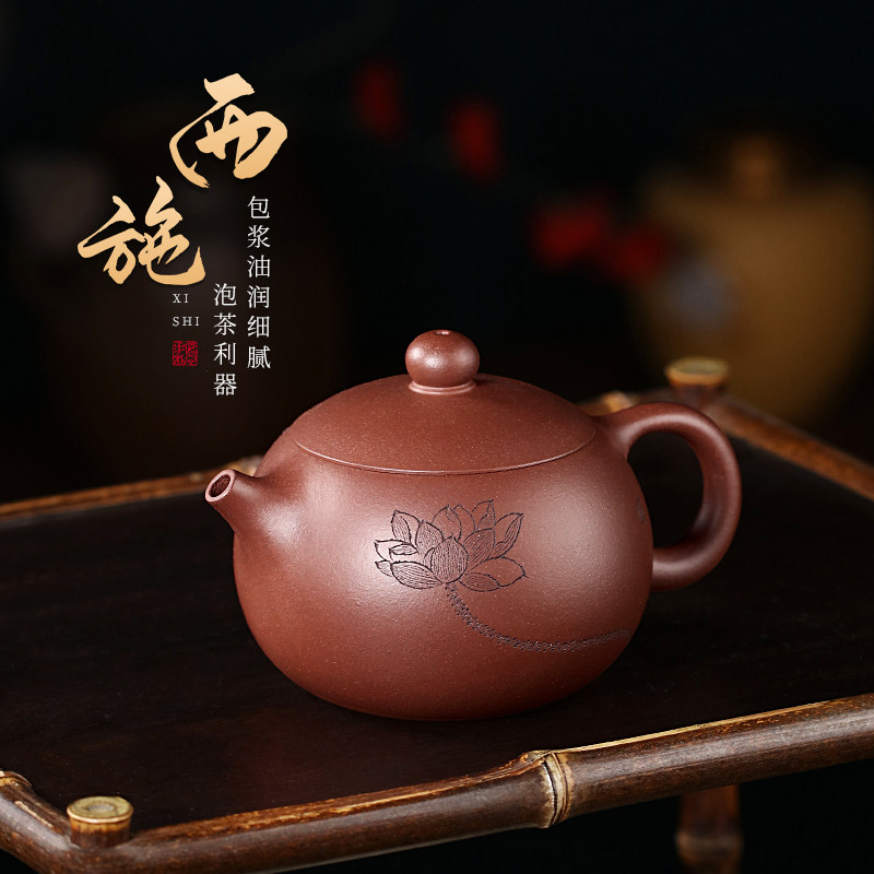 宜兴紫砂壶纯手工名家刻绘兰荷花紫砂茶具原矿底槽清泡茶壶西施壶