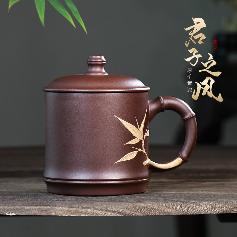 大容量个人专用办公茶具宜兴紫砂杯男士泡茶杯带盖纯手工贴花盖杯