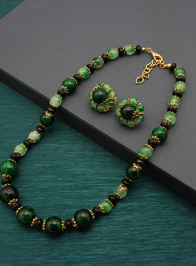 中古首饰Vintage绿色琉璃项链耳夹耳钉套装意大利风回流款首饰