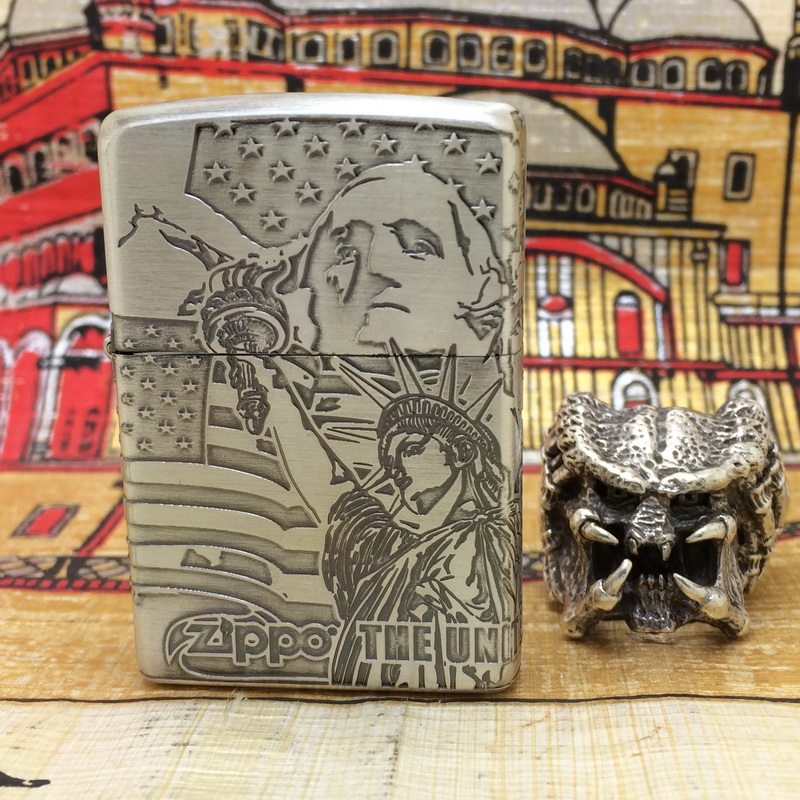 原装正版2008年B全新熏银罕见四面蚀刻自由女神总统山打火机ZIPPO