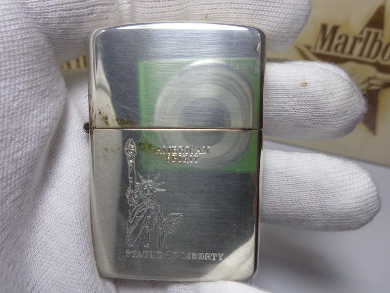 原装正版 80年代全新首版斜底刻纯银镜面蚀刻自由女神打火机ZIPPO
