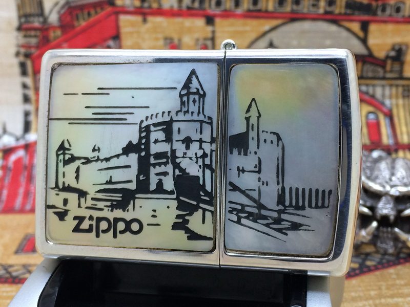 原装正版 1992年全新镀银纪念底刻彩贝雕刻之欧洲古堡打火机ZIPPO