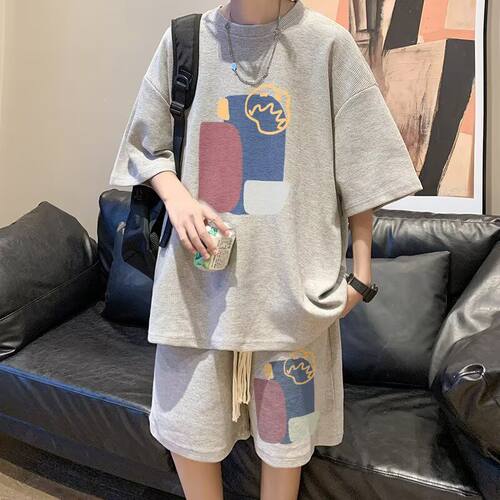 短袖印花t恤女夏季百搭宽松洋气男装HT22华夫格五分套装P20码
