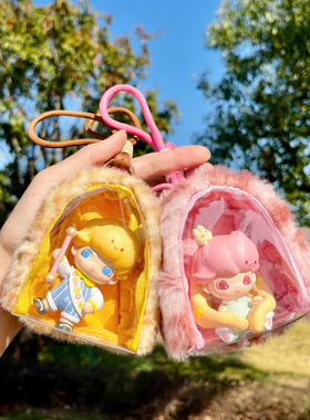 秋冬豹纹毛绒透明痛包迷你展示包二次元风吧唧盲盒娃娃耳机收纳包
