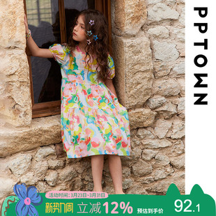 女童碎花连衣裙纯棉泡泡袖 公主裙夏儿童复古油画感海边度假风裙子