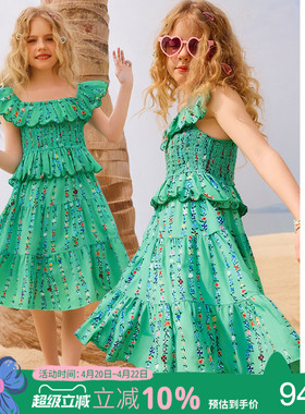 女童连衣裙2025新款夏装儿童绿色裙子碎花裙甜美女孩度假风公主裙