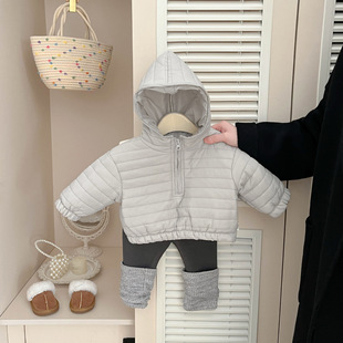 韩国宝宝夹棉外套冬季新款洋气男女童宽松连帽衫衣服婴儿保暖棉衣