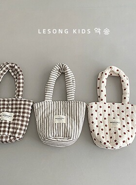 ins风简约儿童夹棉手提包秋冬加厚棉布袋时尚条纹单肩包收纳包