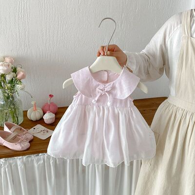 甜美格子网纱裙婴幼儿夏季新款背心裙女宝宝可爱蝴蝶结连衣裙