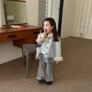 韩国童装女童羊羔毛外套春秋季新款宝宝休闲保暖皮毛一体大衣裙裤