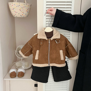 男女宝宝炸街皮毛一体绒外套秋冬新婴儿加厚羊羔毛大衣夹克机车服