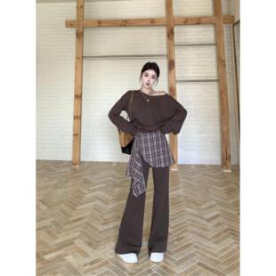 时尚高级感套装女春秋季斜肩长袖卫衣显瘦格子喇叭裤两件套