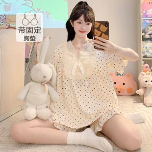 女士睡衣云朵棉加大码 短裤 带固定胸垫睡衣女甜美蕾丝波点短袖 夏季
