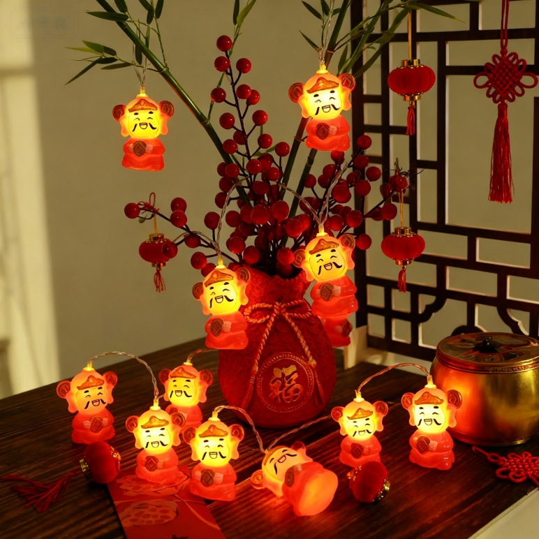 新款财神LED灯串招财进宝八方来财元旦春节装饰氛围财神过年彩灯