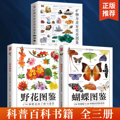 【全3册】野花图鉴+蝴蝶图鉴+矿物与岩石完全图鉴 野外花卉的识别宝典蝴蝶和蛾的实用鉴赏指南矿石岩石鉴别书籍