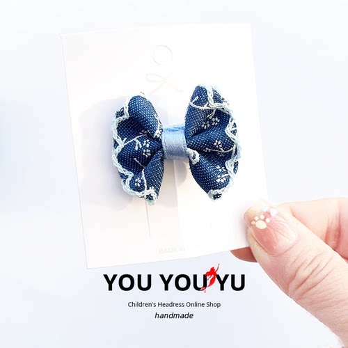 牛仔布艺碎花婴儿蝴蝶结发卡可爱百搭全包布发夹宝宝侧边夹发饰
