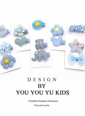 宝宝月龄蓝色发夹婴幼儿布艺全包布侧边碎发夹儿童不伤发可爱头饰