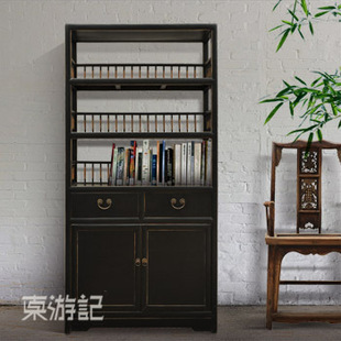 书架实木做旧复古出口书柜黑色做旧展示柜带门书柜简约 东游记中式