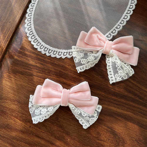 韩系森系粉色丝绒花边蝴蝶结发夹编发发饰双马尾气质发夹发绳胸针