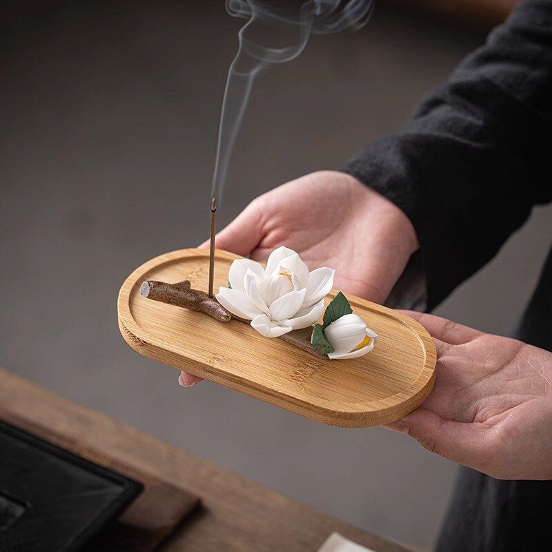 梨花香室内陶瓷线香插托创意手工捏花插道茶艺小摆件香道家居品香