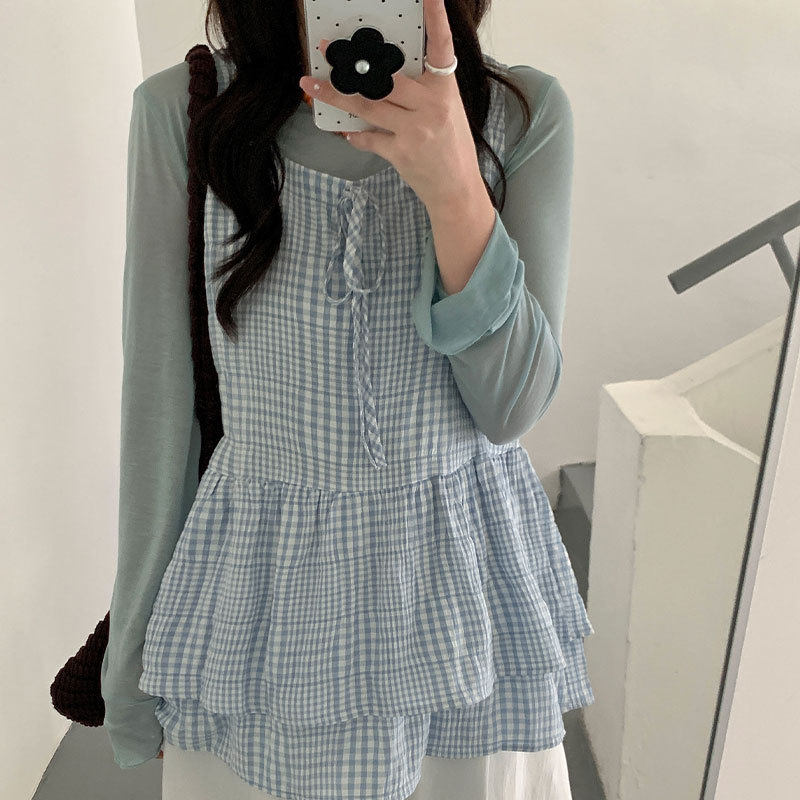 春夏季新款韩系通勤百搭抽绳无袖格子连衣裙女2669