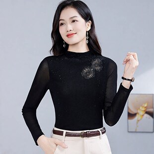 半高领网纱烫钻绣花长袖t恤女弹力纱衣显瘦打底衫潮女上衣